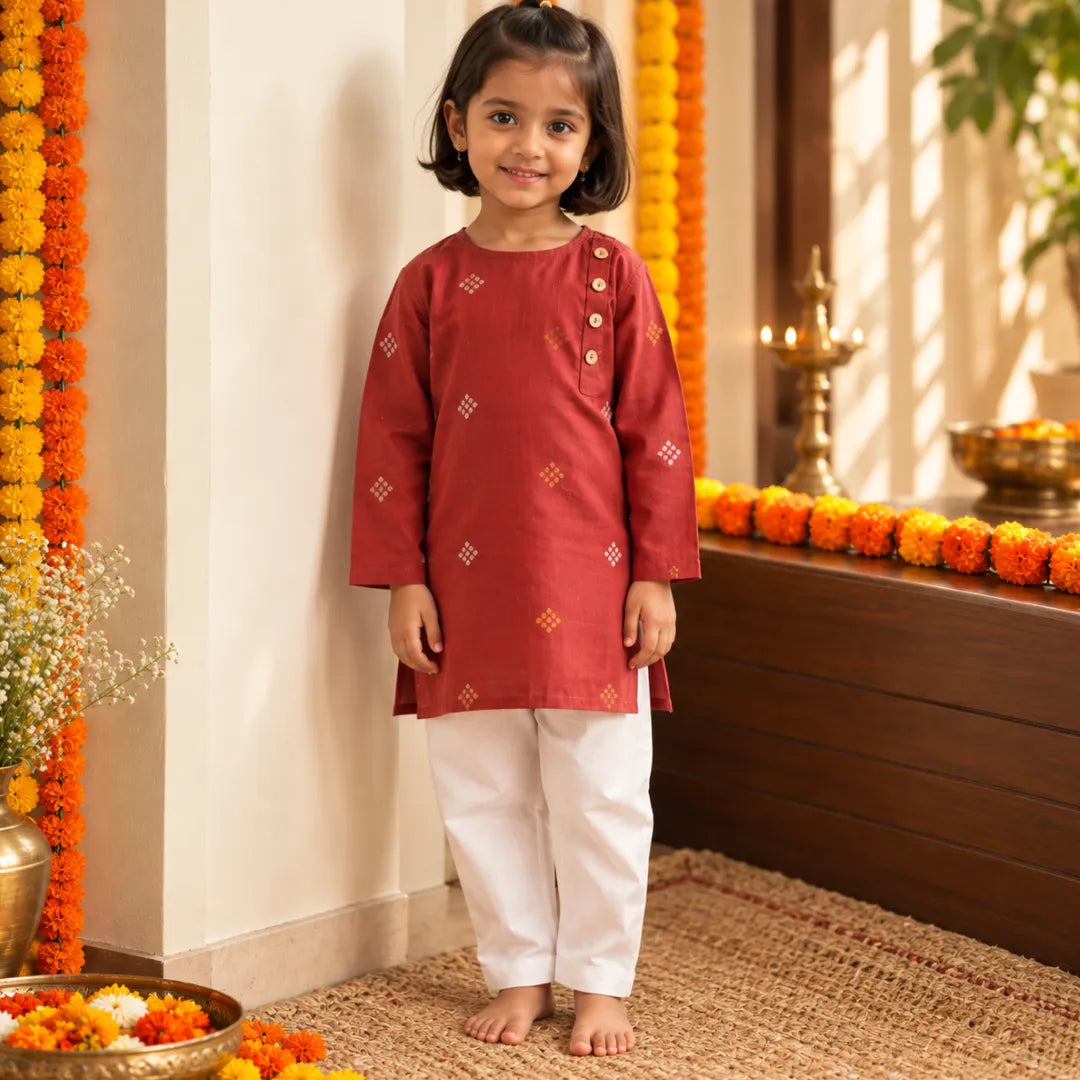 Girl in a maroon handloom cotton kurta and white pajama standing beside marigold garlands and a brass lamp