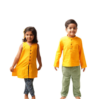 Matching sister and brother outfits in handwoven khadi kurta pant sets