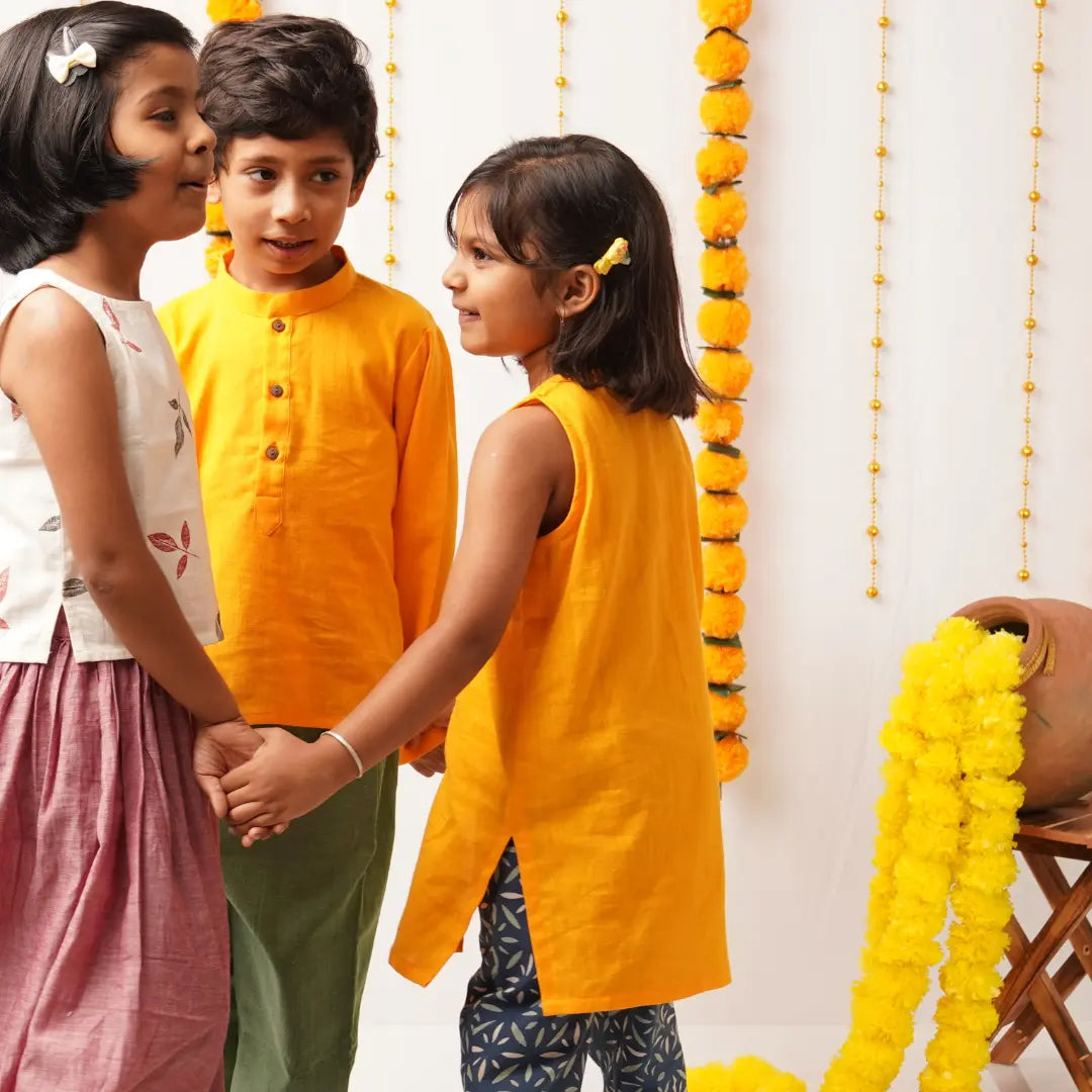 Coordinated khadi kurta pant outfits for siblings aged 1 to 6