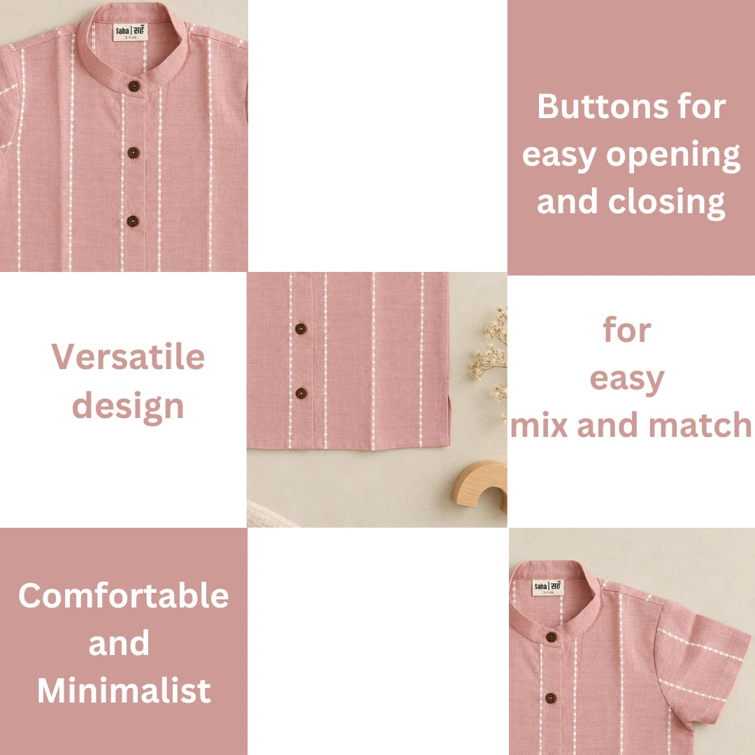 Grid of mauve cotton shirt details: buttons for easy opening and closing, versatile design for easy mix and match, comfortable and minimalist
