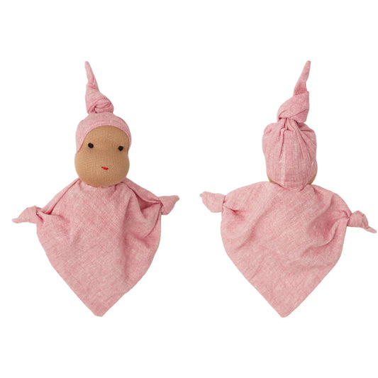 Pink Waldorf-inspired cuddle doll in soft cotton fabric, showing front and back views with a knotted cap and minimalist facial features.