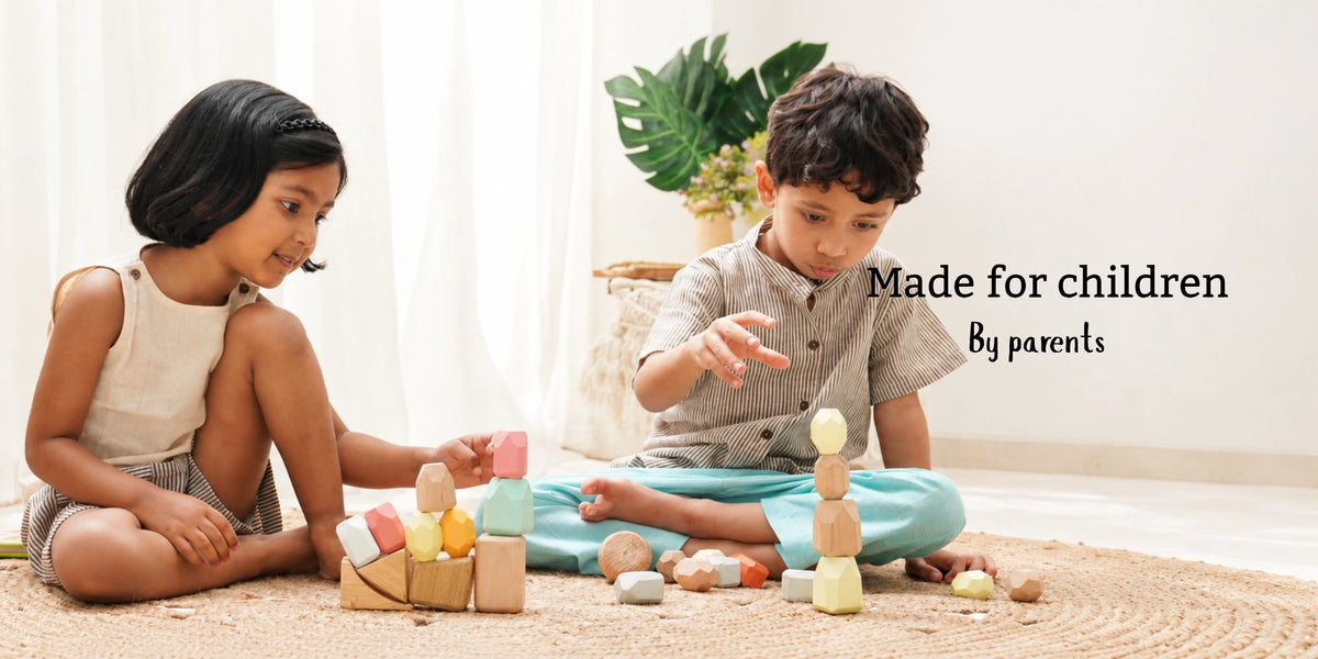 Two children playing with wooden stacking toys on a jute rug, with the text made for children by parents