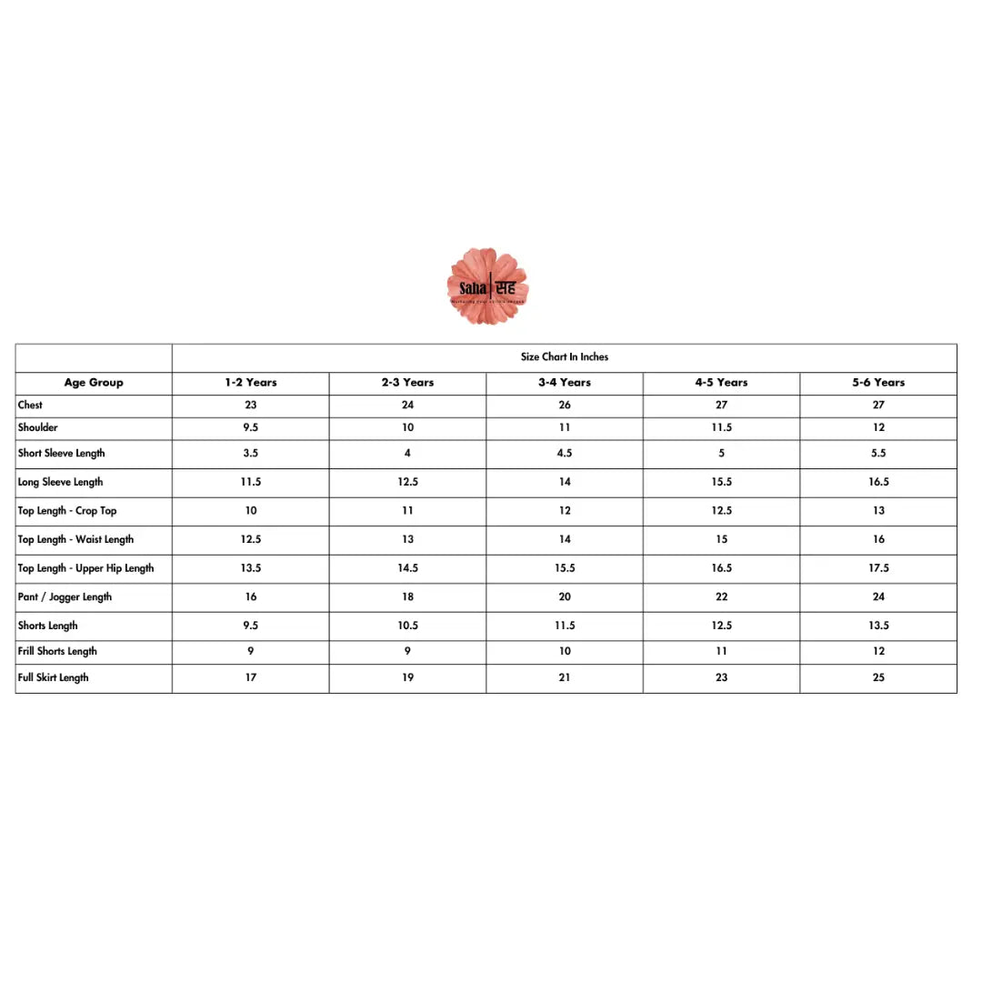 Size chart for children's clothing with age groups and measurements on a white background.
