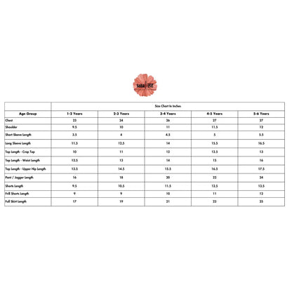 Size chart for children's clothing with age groups and measurements on a white background.