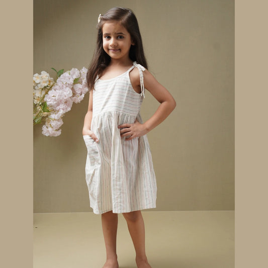 Stripe Song girls white cotton dress front view – breathable everyday kids dress