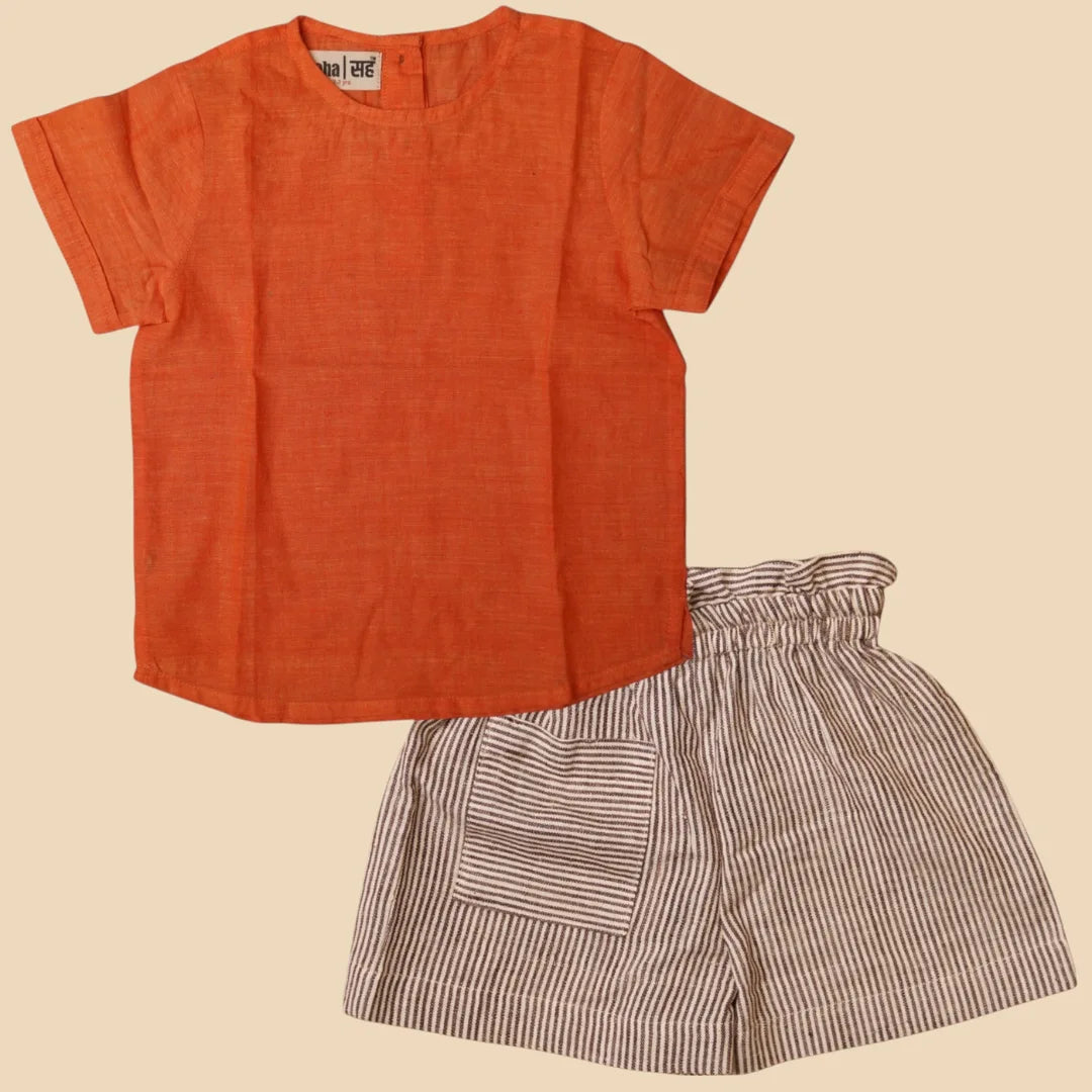 Flat lay of Sunbeam girls kurti top and shorts set – casual everyday kidswear