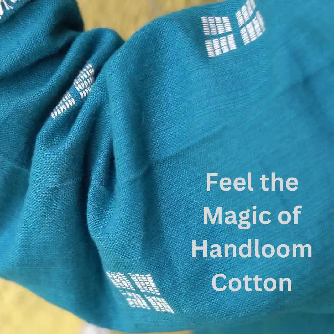 Close-up of teal handloom cotton fabric with small white woven square motifs