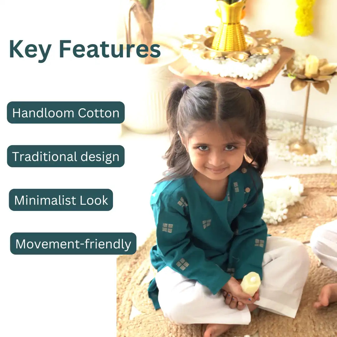Girl in a teal kurta pajama set sitting cross-legged, with key features listed: handloom cotton, traditional design, minimalist look, movement-friendly