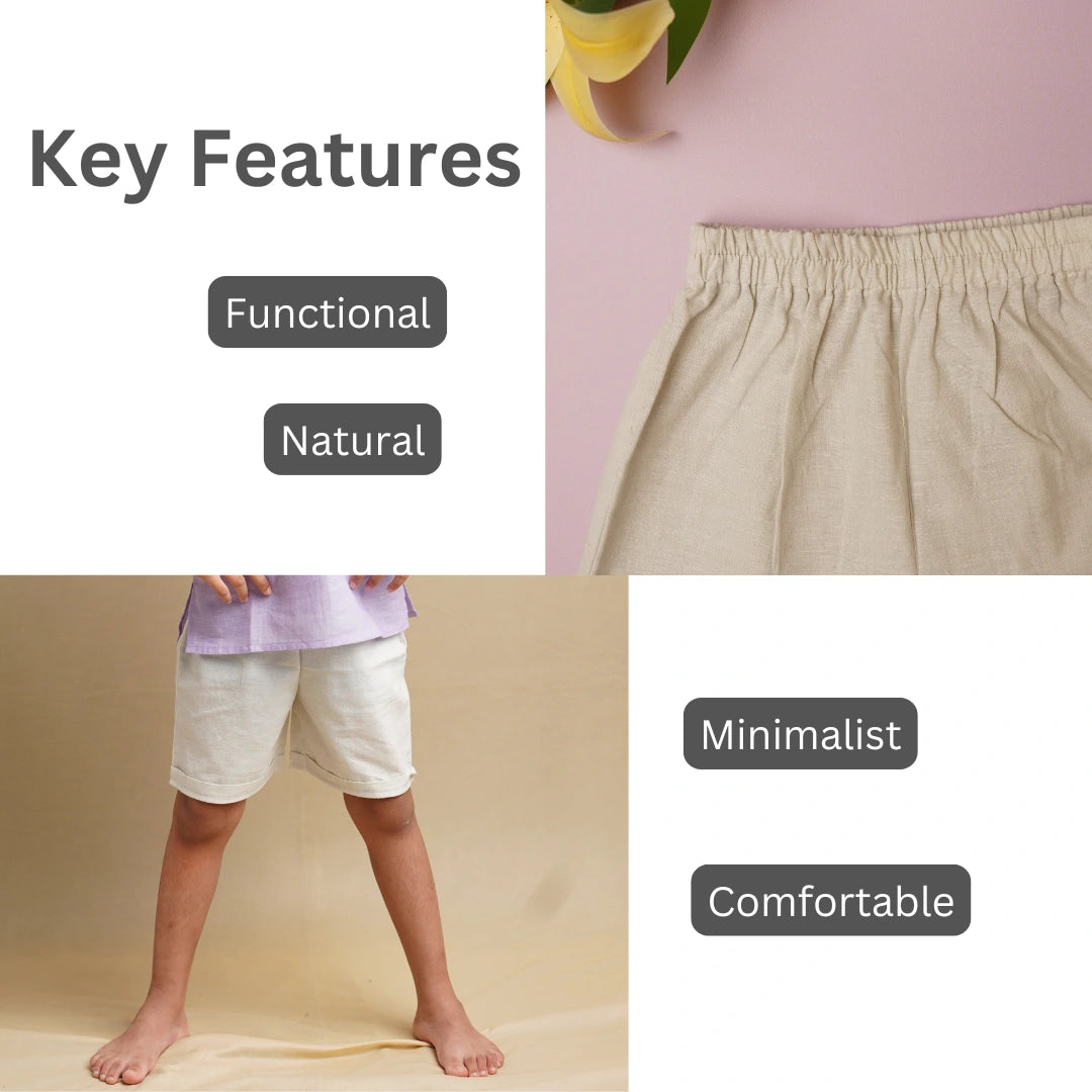 Boys shorts with text labels on a beige background