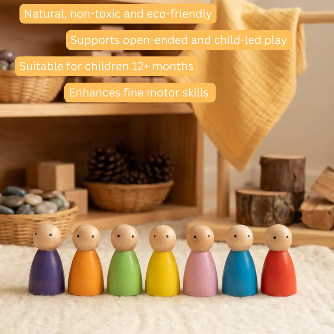 Wooden Peg Dolls arranged in a Waldorf-inspired playroom with natural toys, supporting child-led play and imaginative exploration