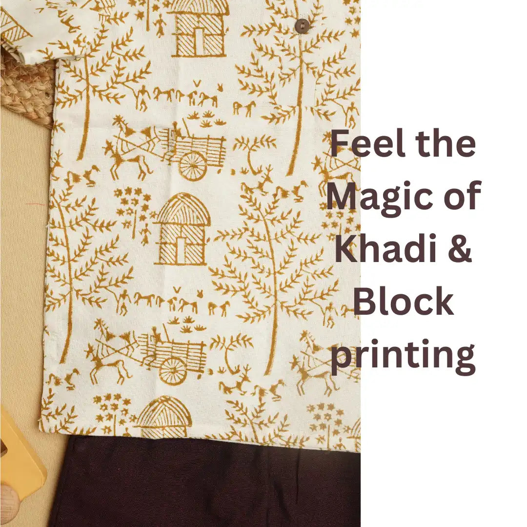 Close-up of handblock-printed Warli artwork on a khadi children's kurta