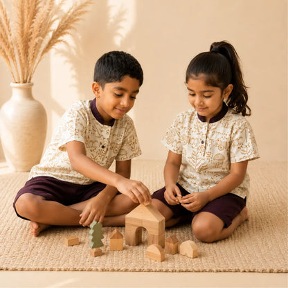 Brother and sister wearing coordinated Warli short kurtas while playing