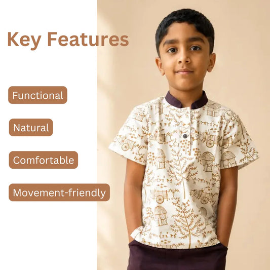 Boy wearing a comfortable Warli short kurta for everyday movement