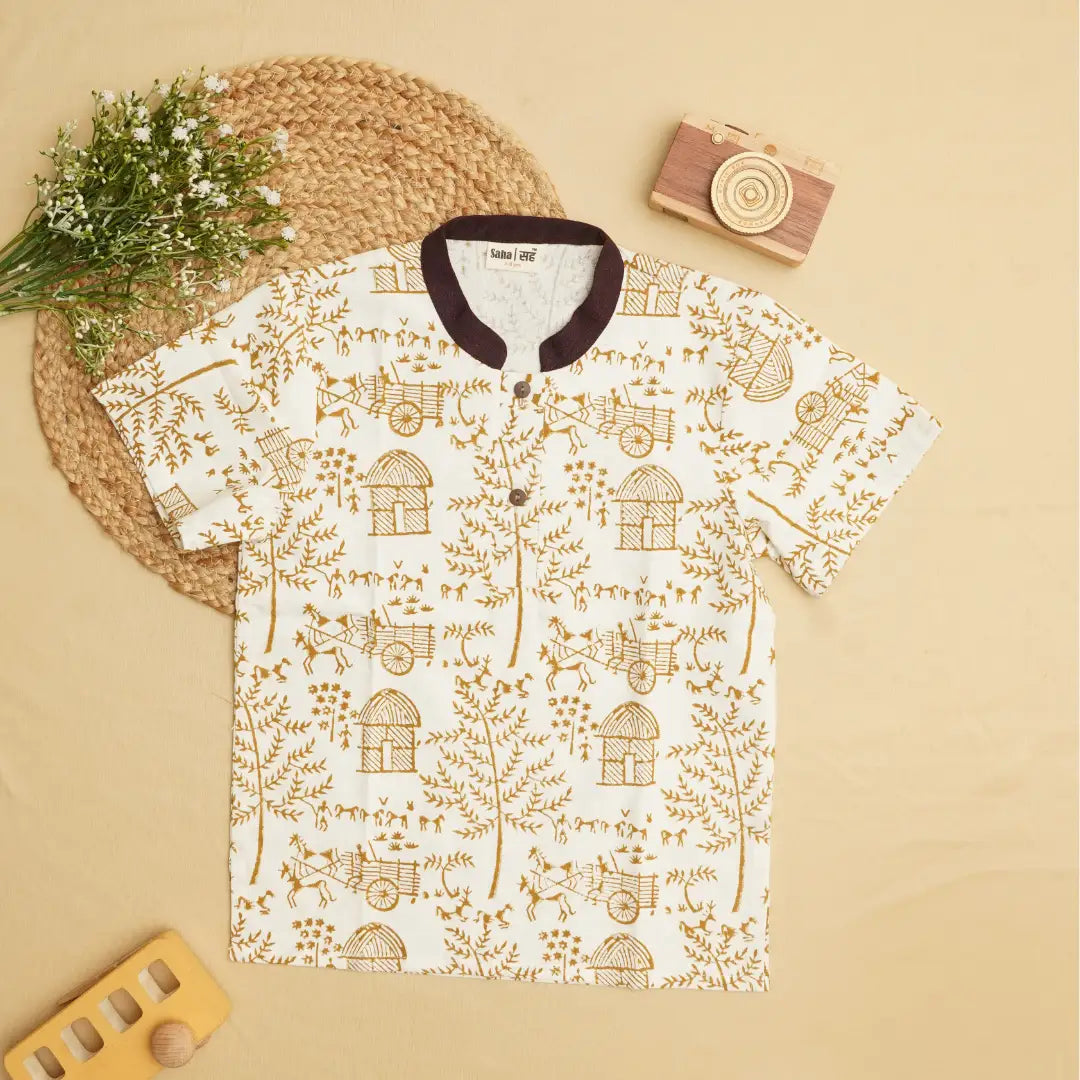 Handblock-printed Warli short kurta in natural handspun khadi cotton