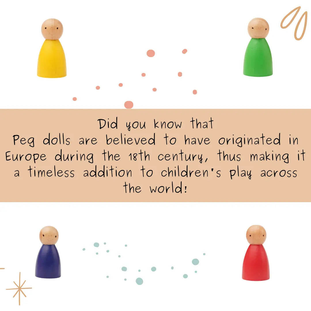 Educational graphic about Wooden Peg Dolls, highlighting their traditional European origins and timeless role in imaginative play