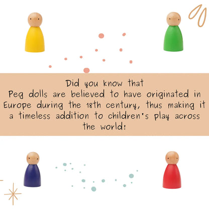 Educational graphic about Wooden Peg Dolls, highlighting their traditional European origins and timeless role in imaginative play