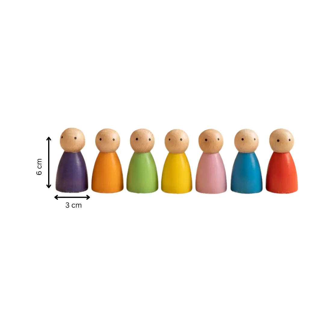 Wooden Peg Dolls size guide showing handcrafted beechwood dolls measuring 6 cm × 3 cm in seven vibrant colours